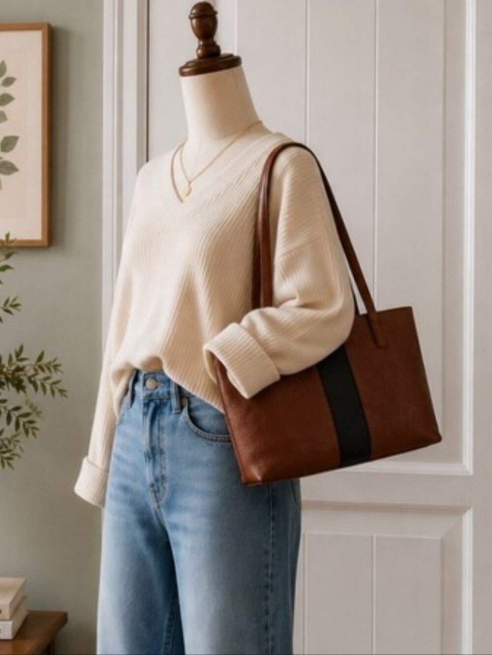 Vince Camuto Brown Tote with Black Center Stripe